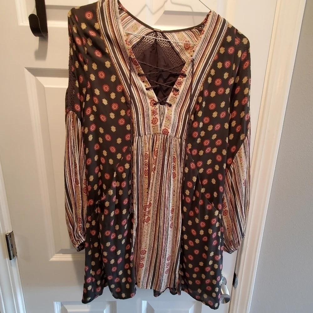 Free people rain or shine tunic dress. Printed dress black.  Boho sz small